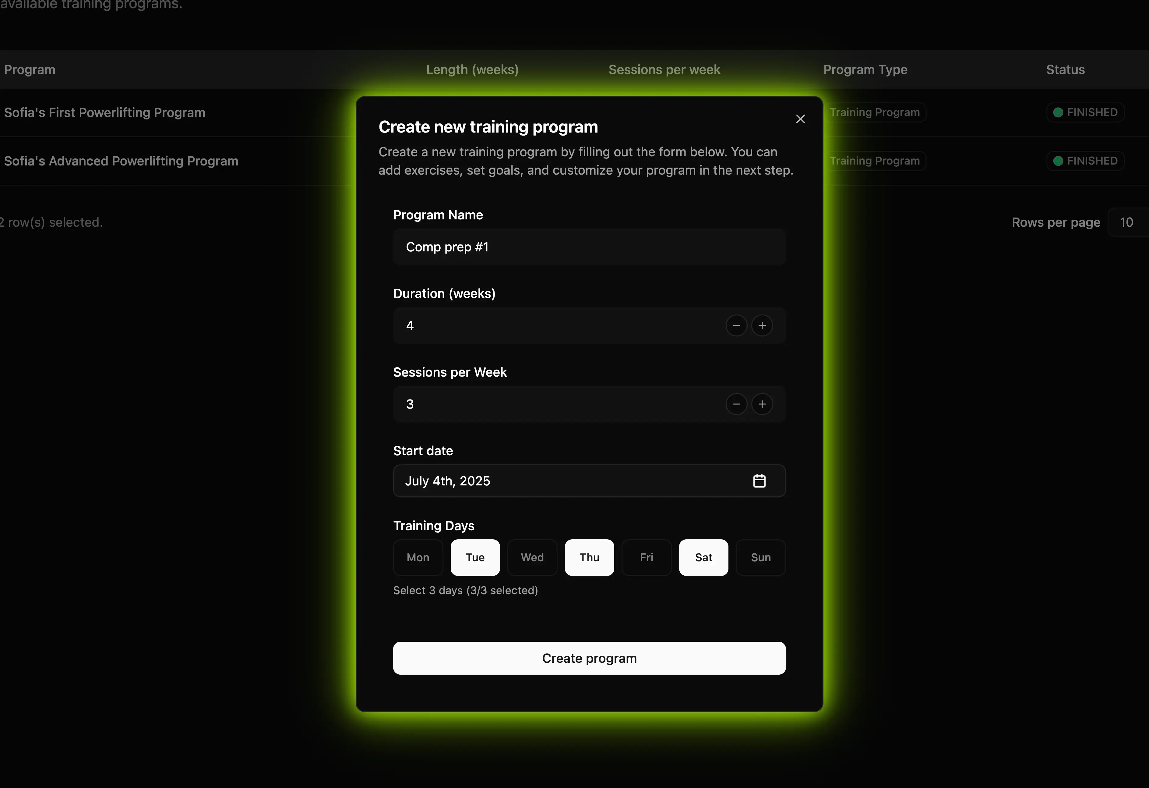 Program planning interface showing drag and drop training blocks