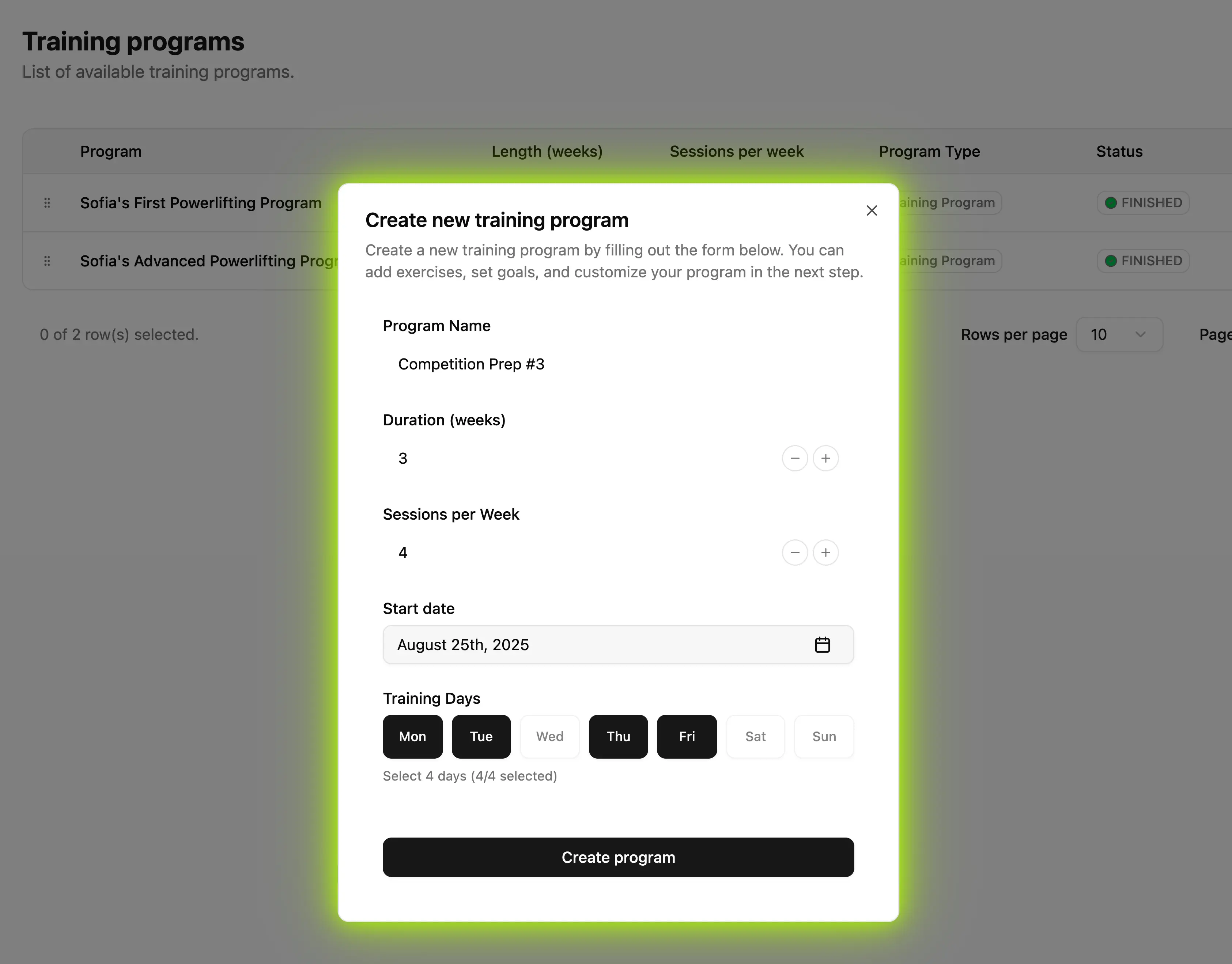 Program planning interface showing drag and drop training blocks